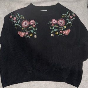 Woven Heart Black Knit Sweater with Floral Details - Size Small